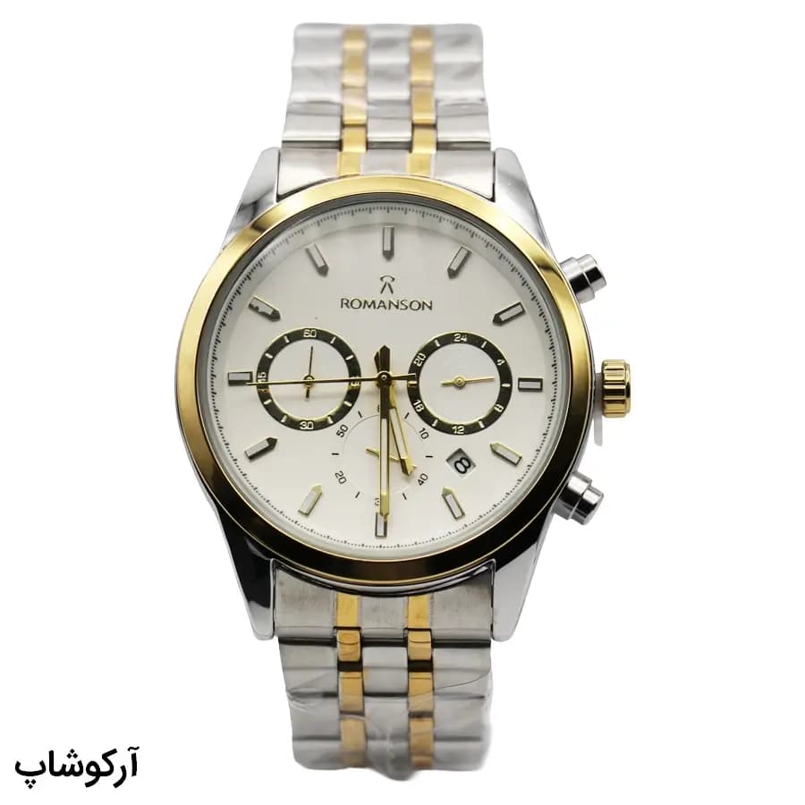 ساعت مردانه ROMANSON استیل دو رنگ کرنوگراف، صفحه سفید، بند استیل دو رنگ، قاب گرد، موتور کوارتز، قفل تاشویی مدل RM0228F