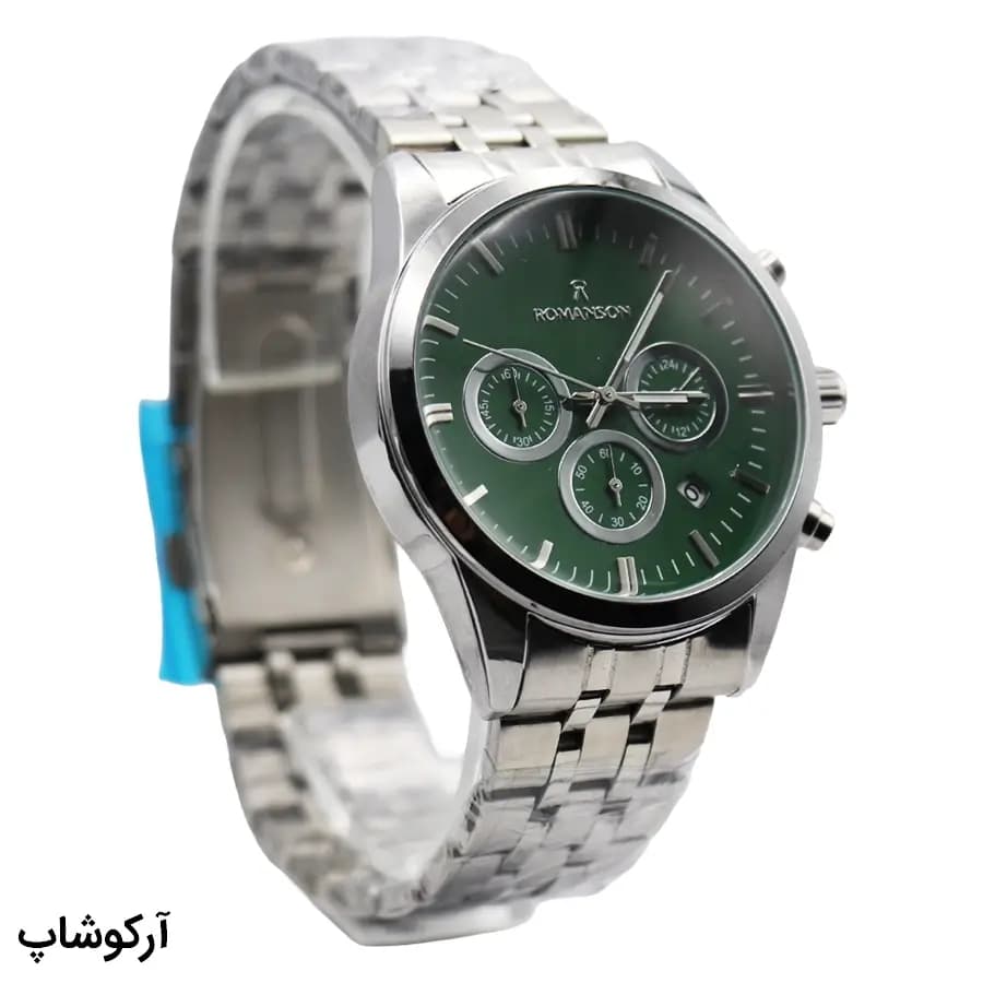 ساعت مردانه ROMANSON نقره‌ای، صفحه سبز یشمی، بند استیل مش‌لینک نقره‌ای، قاب گرد، موتور کوارتز کرنوگراف، قفل تاکتیکی مدل RM0228G — تصویر ۴