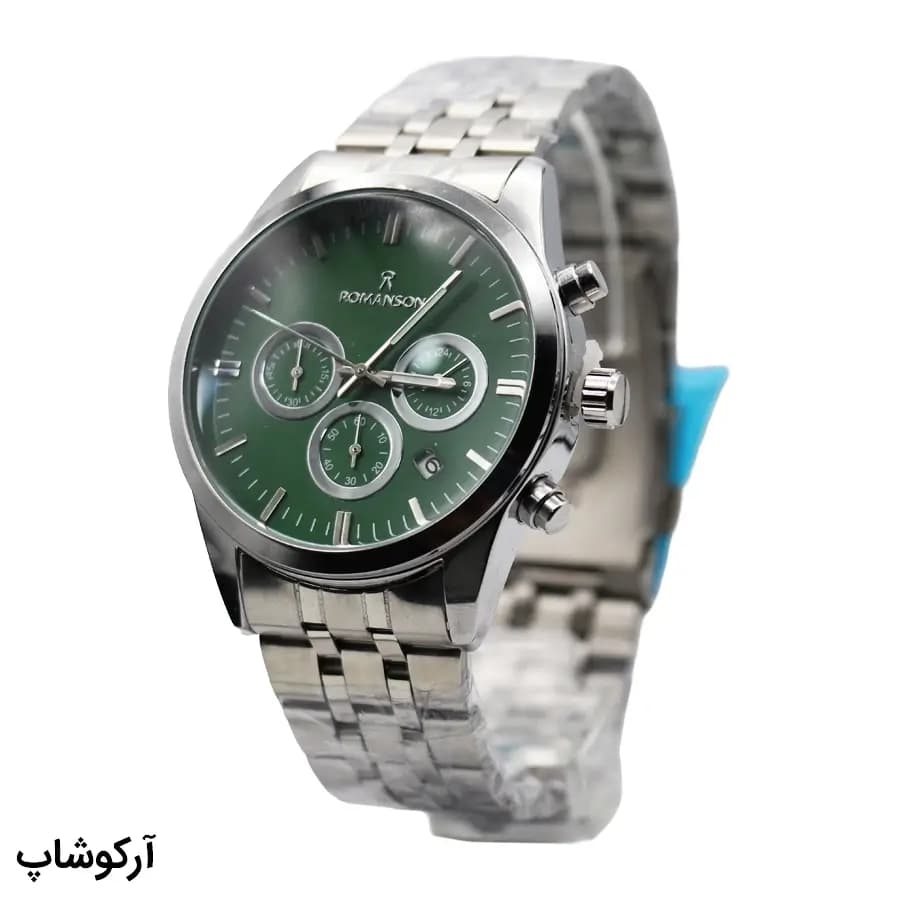 ساعت مردانه ROMANSON نقره‌ای، صفحه سبز یشمی، بند استیل مش‌لینک نقره‌ای، قاب گرد، موتور کوارتز کرنوگراف، قفل تاکتیکی مدل RM0228G — تصویر ۳