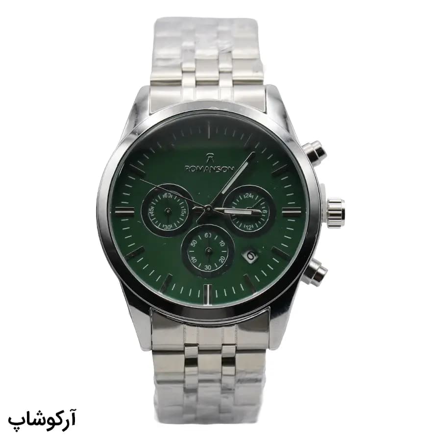 ساعت مردانه ROMANSON نقره‌ای، صفحه سبز یشمی، بند استیل مش‌لینک نقره‌ای، قاب گرد، موتور کوارتز کرنوگراف، قفل تاکتیکی مدل RM0228G — تصویر ۲