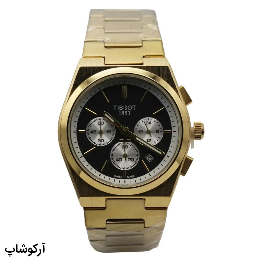 ساعت مردانه TISSOT طلایی، صفحه مشکی کرنوگراف، بند استیل طلایی، قاب چندضلعی، نمایش تاریخ، موتور کوارتز و قفل پروانهای مدل T137410A