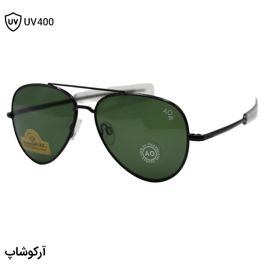 عینک آفتابی امریکن اپتیکال با فریم خلبانی، رنگ مشکی براق، عدسی جنس سنگ (شیشه) و سبز تیره مدل AO-1004