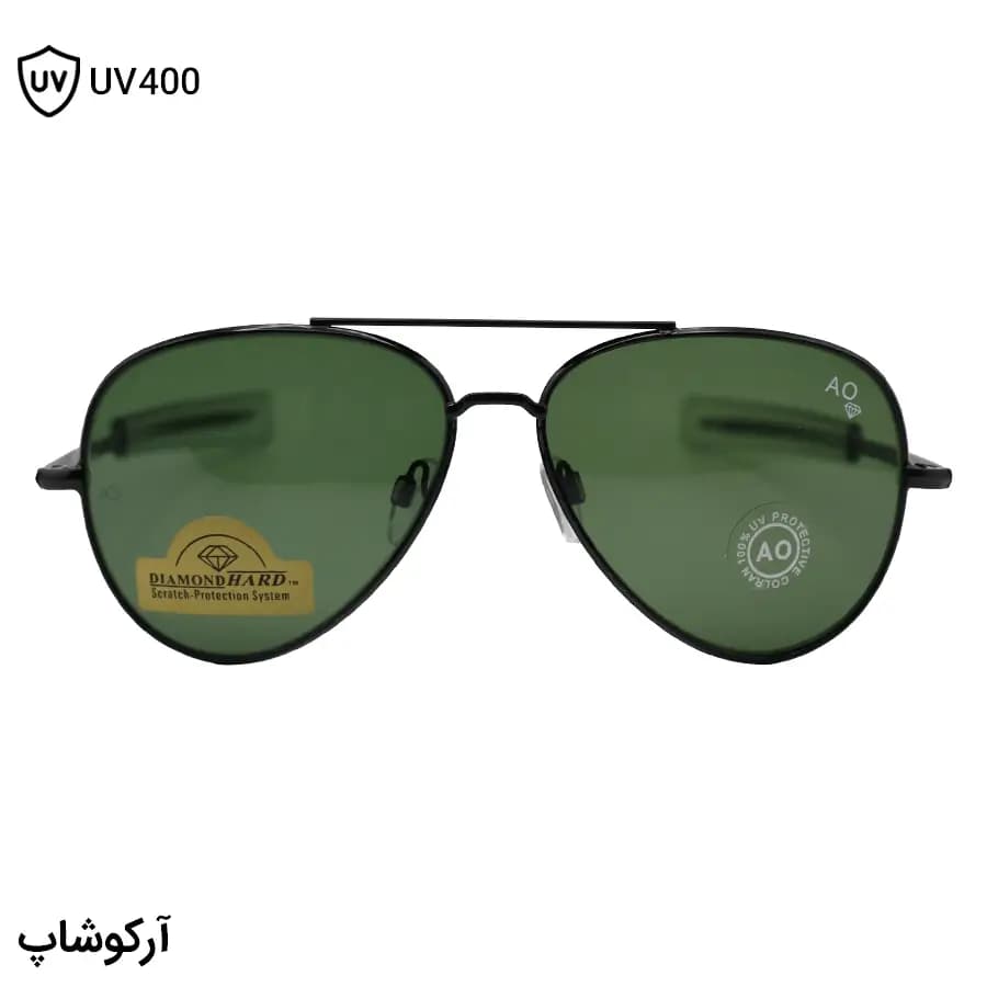 عینک آفتابی امریکن اپتیکال با فریم خلبانی، رنگ مشکی براق، عدسی جنس سنگ (شیشه) و سبز تیره مدل AO-1004 — تصویر ۳