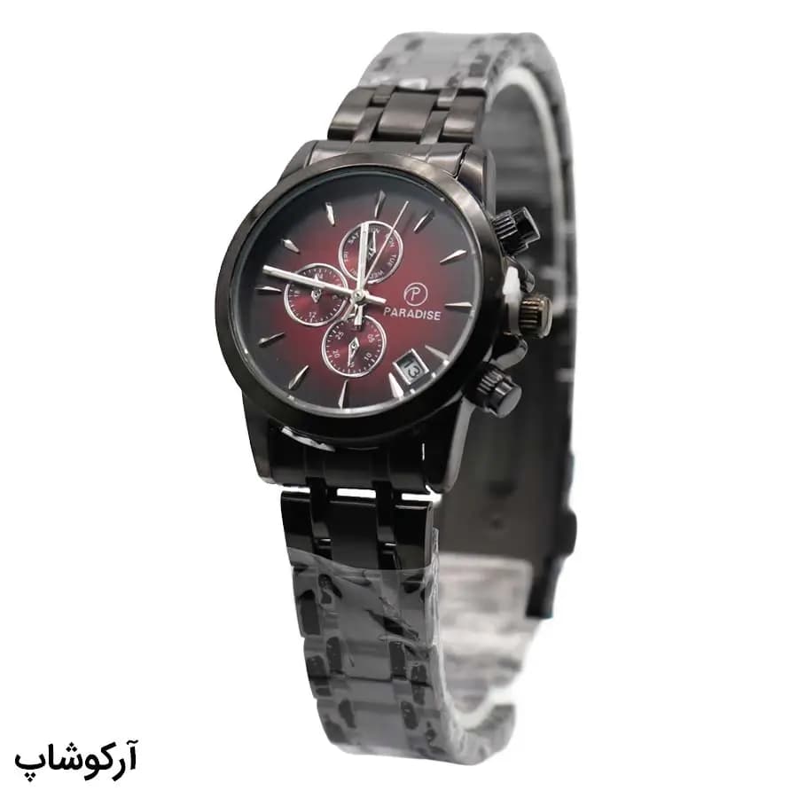 ساعت ست زنانه و مردانه Paradise مشکی، صفحه زرشکی، بند فلزی مشکی، قاب گرد، نمایش تاریخ، موتور کوارتز، قفل کلیپسی ضامندار مدل PD-2237 — تصویر ۴