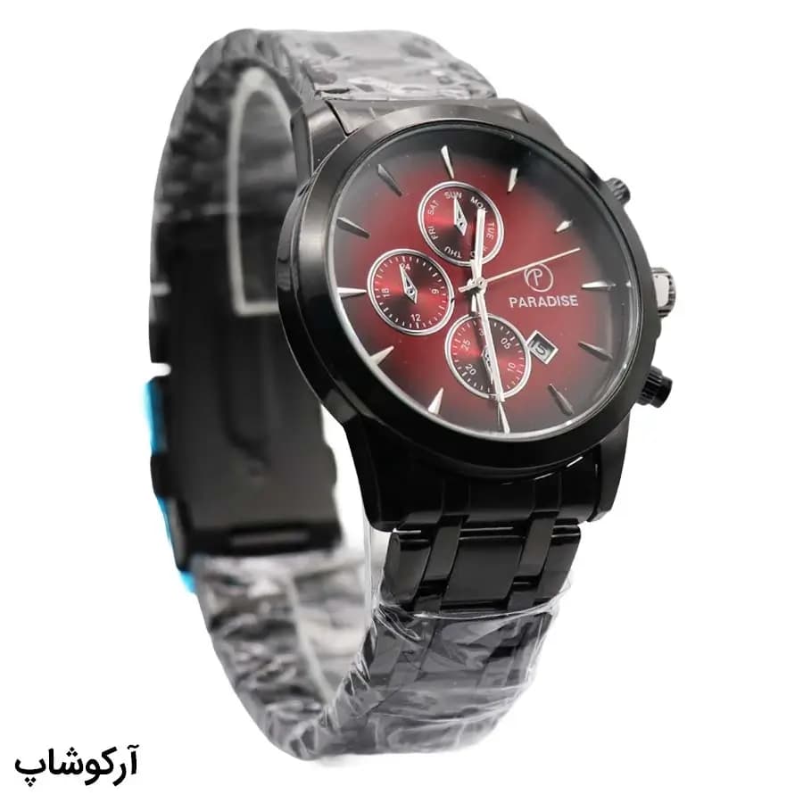 ساعت مردانه Paradise مشکی، صفحه زرشکی، بند فلزی مشکی، قاب گرد، نمایش تاریخ، موتور کوارتز، قفل کلیپسی ضامن‌دار مدل PD-2237 — تصویر ۴