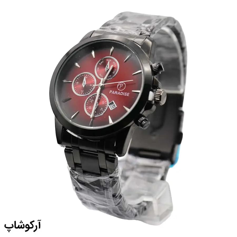 ساعت مردانه Paradise مشکی، صفحه زرشکی، بند فلزی مشکی، قاب گرد، نمایش تاریخ، موتور کوارتز، قفل کلیپسی ضامن‌دار مدل PD-2237 — تصویر ۳