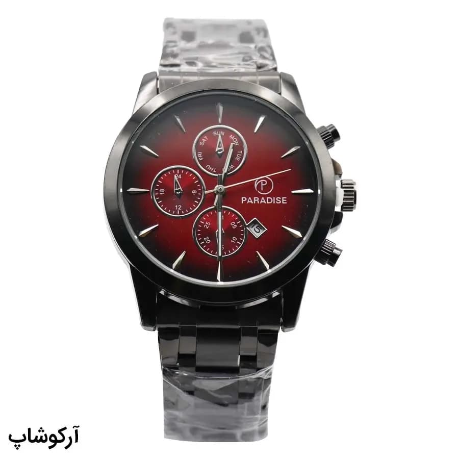 ساعت مردانه Paradise مشکی، صفحه زرشکی، بند فلزی مشکی، قاب گرد، نمایش تاریخ، موتور کوارتز، قفل کلیپسی ضامن‌دار مدل PD-2237 — تصویر ۲