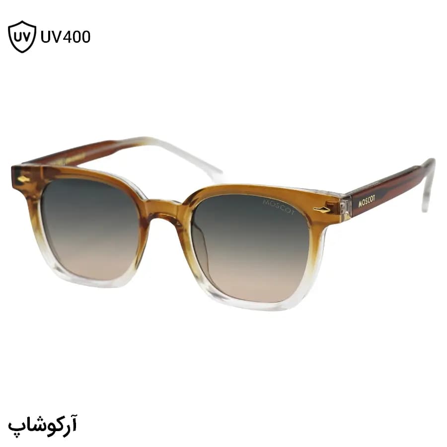 عینک آفتابی MOSCOT با فریم مربعی شکل، رنگ قهوه‌ای براق، دسته سیم‌دار و عدسی قهوه‌ای سایه روشن مدل 1207