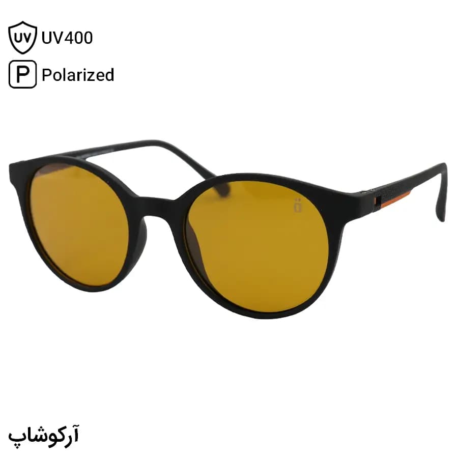 عینک آفتابی اوگا مورل با فریم مشکی مات، شکل گرد، دسته مشکی و نارنجی، لنز قهوه‌ای تیره و پلاریزه مدل 78052
