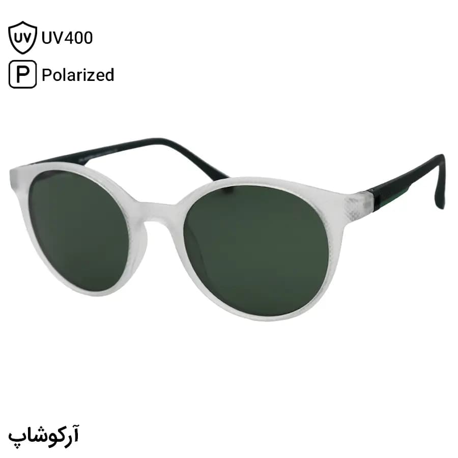 عینک آفتابی اوگا مورل با فریم سفید مات (یخی)، شکل گرد، دسته سبز مات، لنز سبز تیره و پلاریزه مدل 78052