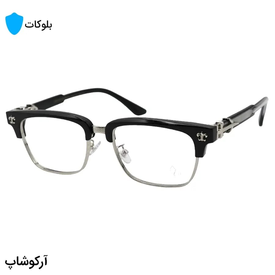 عینک برند Chrome Hearts با فریم کلاب مستر، رنگ مشکی و نقره‌ای، دسته سیم‌دار و لنز بلوکات مدل 8010