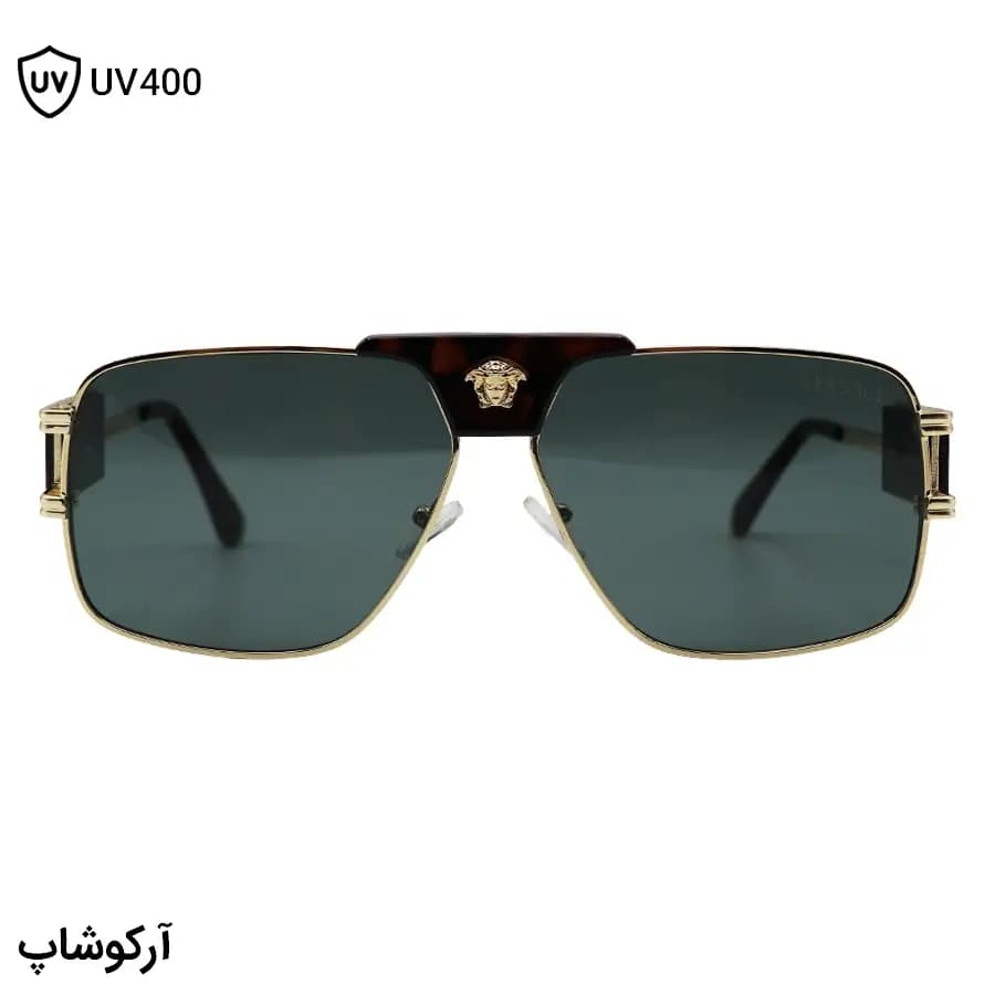 عینک آفتابی VERSACE با فریم طلایی و قهوه‌ای رنگ، شکل چند ضلعی و لنز سبز تیره مدل 22206 — تصویر ۳