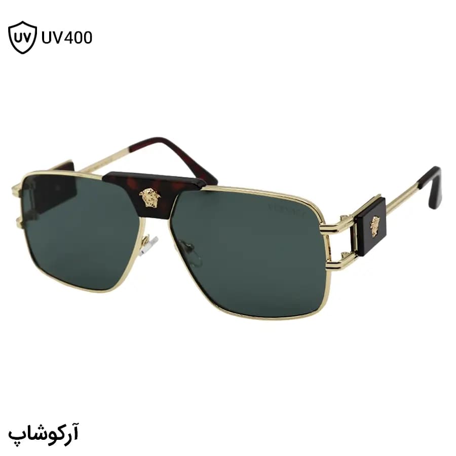 عینک آفتابی VERSACE با فریم طلایی و قهوه‌ای رنگ، شکل چند ضلعی و لنز سبز تیره مدل 22206