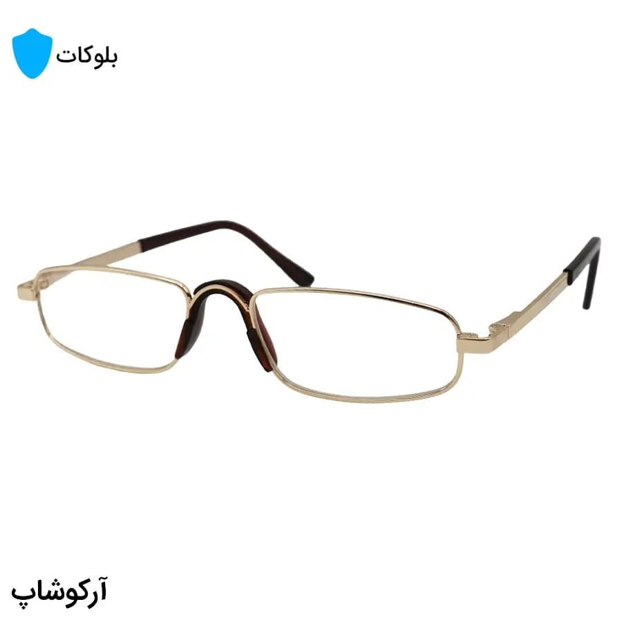عینک مطالعه نمره +2.75 نزدیک بین با فریم مستطیلی، رنگ طلایی، لولا فنردار و لنز بلوکات مدل RY3901
