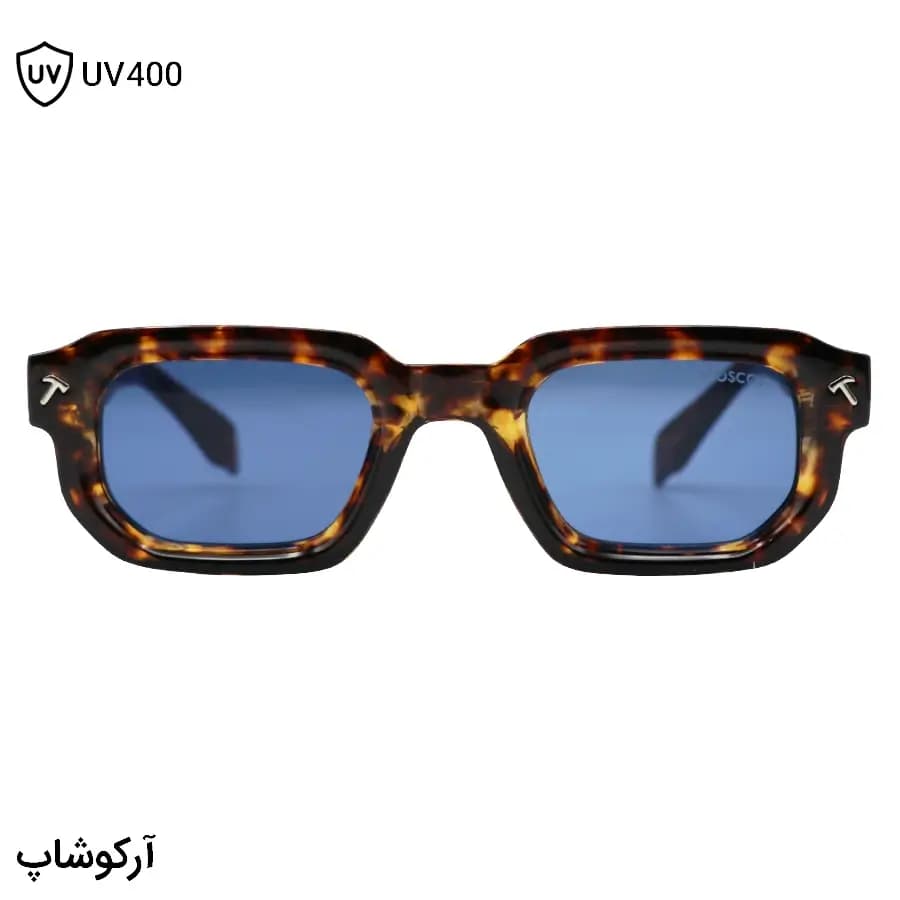 عینک آفتابی MOSCOT با فریم رنگ هاوانا براق، مستطیلی شکل، دسته سیم‌دار و لنز آبی تیره مدل CZ586 — تصویر ۲