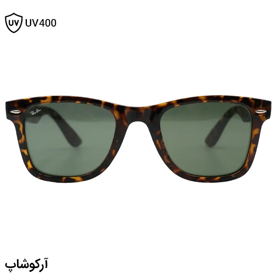عینک آفتابی ریبن با فریم شکل ویفرر، رنگ هاوانا براق، لنز جنس شیشه و سبز تیره مدل RB4340 — تصویر ۲