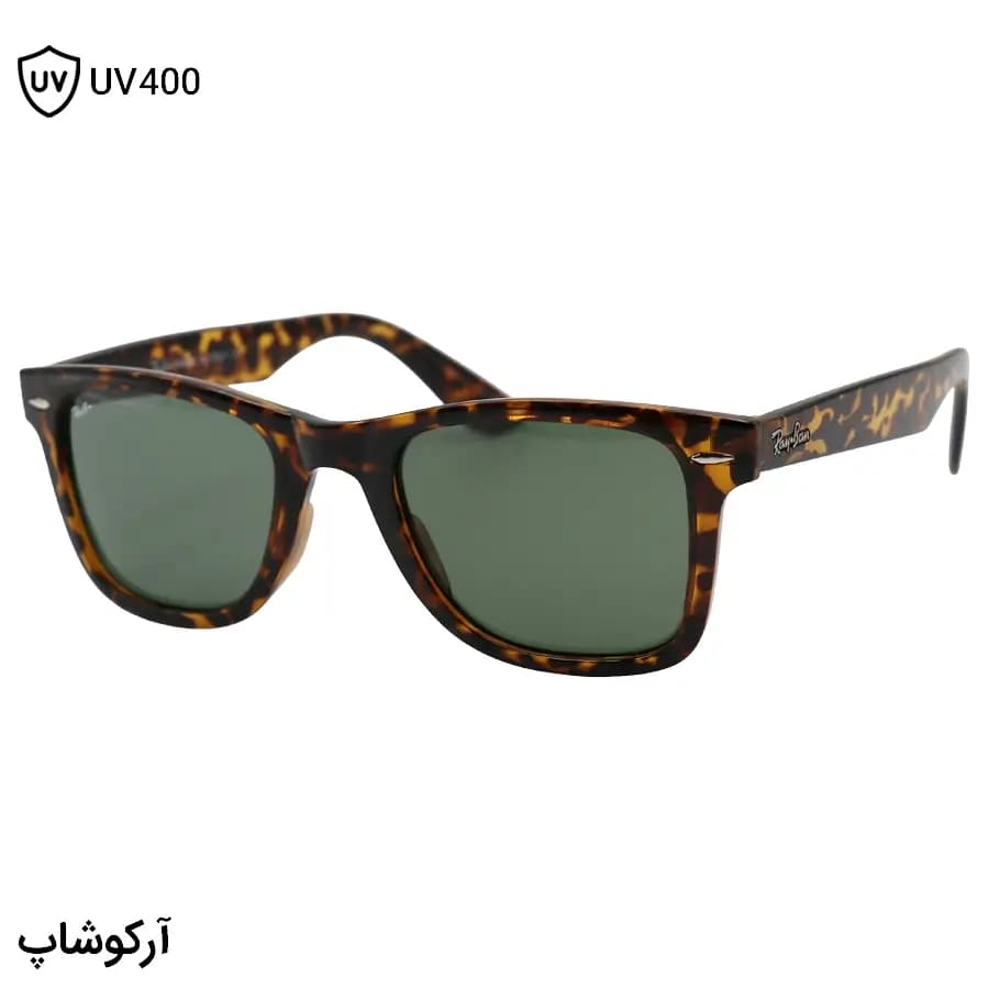 عینک آفتابی ریبن با فریم شکل ویفرر، رنگ هاوانا براق، لنز جنس شیشه و سبز تیره مدل RB4340