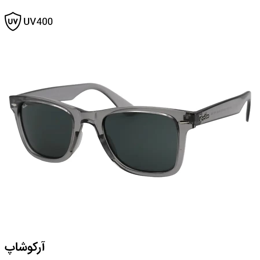 عینک آفتابی Ray-Ban با فریم شکل ویفرر، رنگ طوسی براق، لنز جنس شیشه و دودی تیره مدل RB4340