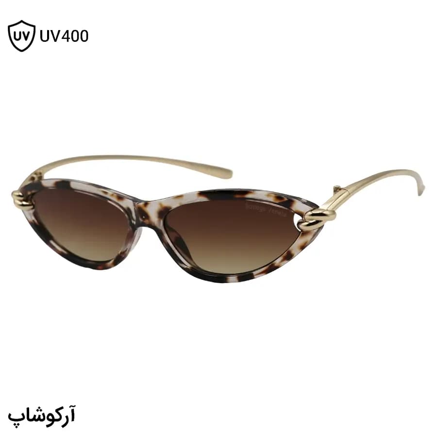 عینک آفتابی زنانه Bottega Veneta با فریم چشم گربه‌ای، رنگ هاوانا، دسته طلایی و لنز قهوه‌ای سایه روشن مدل 9697