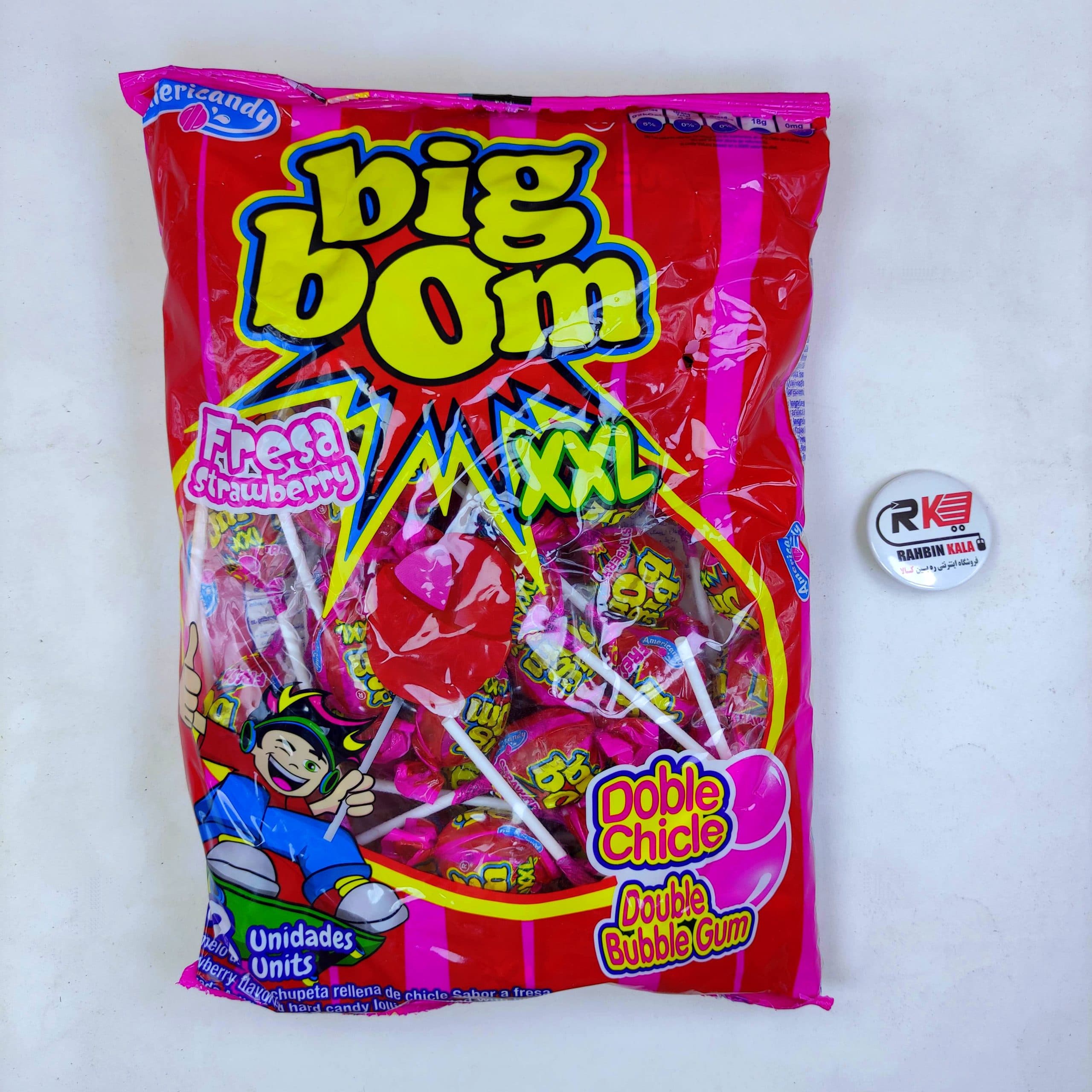 آبنبات چوبی بیگ بوم bigbom مدل توت فرنگی fresa strawberry پک 48 تایی