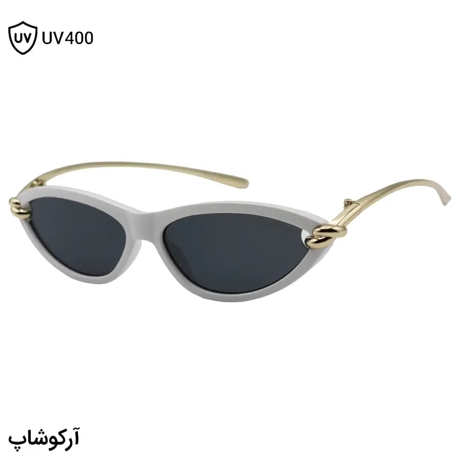 عینک آفتابی زنانه Bottega Veneta با فریم چشم گربه‌ای، رنگ سفید براق، دسته طلایی و لنز دودی تیره مدل 9697
