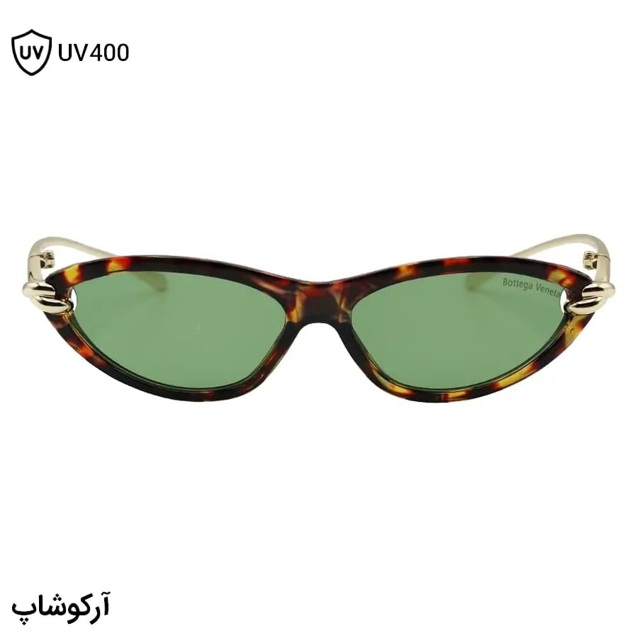 عینک شب زنانه Bottega Veneta با فریم چشم گربه‌ای، رنگ هاوانا براق، دسته طلایی و لنز سبز رنگ مدل 9697 — تصویر ۳