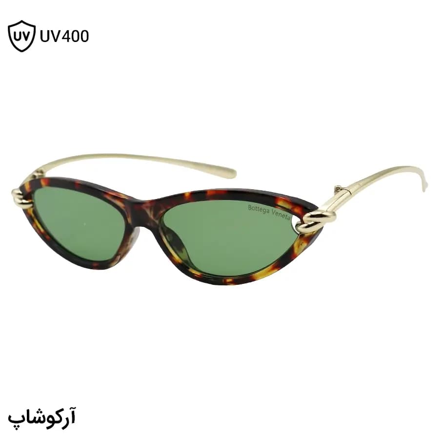 عینک شب زنانه Bottega Veneta با فریم چشم گربه‌ای، رنگ هاوانا براق، دسته طلایی و لنز سبز رنگ مدل 9697