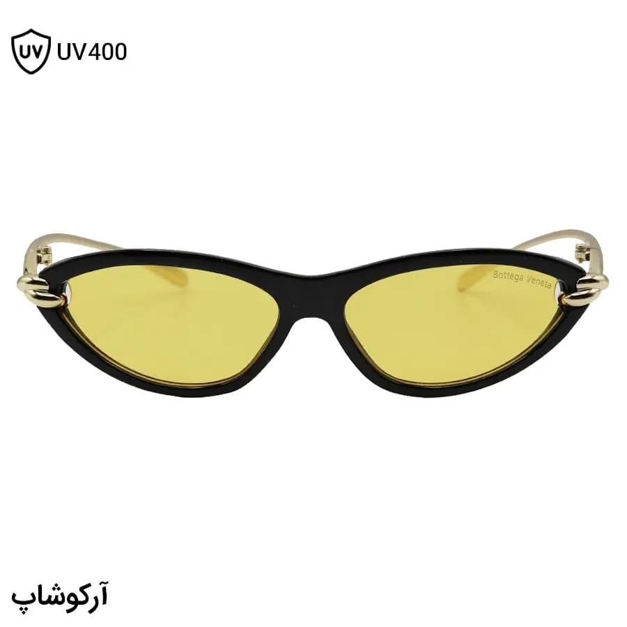 عینک شب زنانه Bottega Veneta با فریم چشم گربه‌ای، رنگ مشکی براق، دسته طلایی و لنز زرد رنگ مدل 9697 — تصویر ۳
