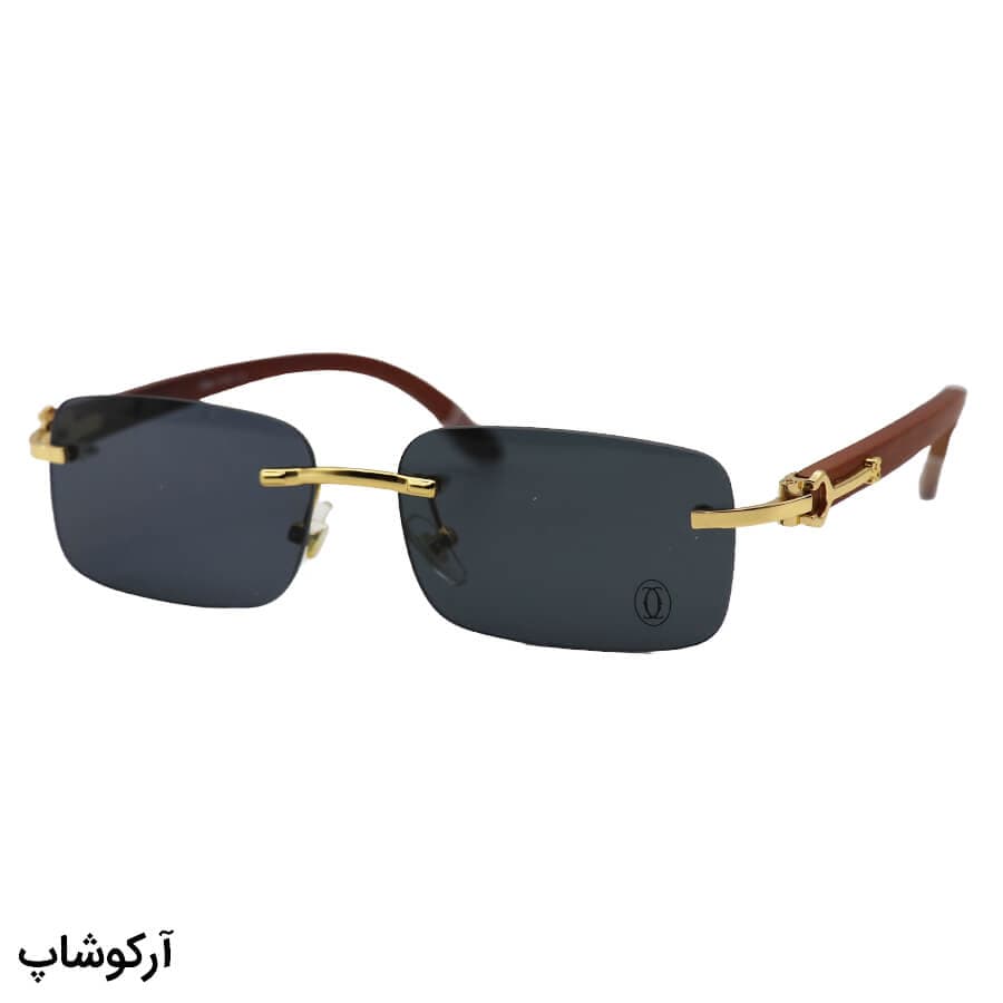 عینک آفتابی کارتیه فریم لس با پل بینی طلایی، دسته چوبی (واقعی)، رنگ قهوه‌ای، لولا فنری و لنز دودی تیره مدل 81339145