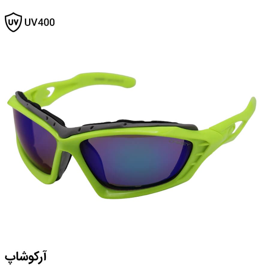 عینک ورزشی OAKLEY با فریم سبز رنگ، بیس‌دار و لنز آینه‌ای و جیوه‌ای رنگ آبی مدل 5347