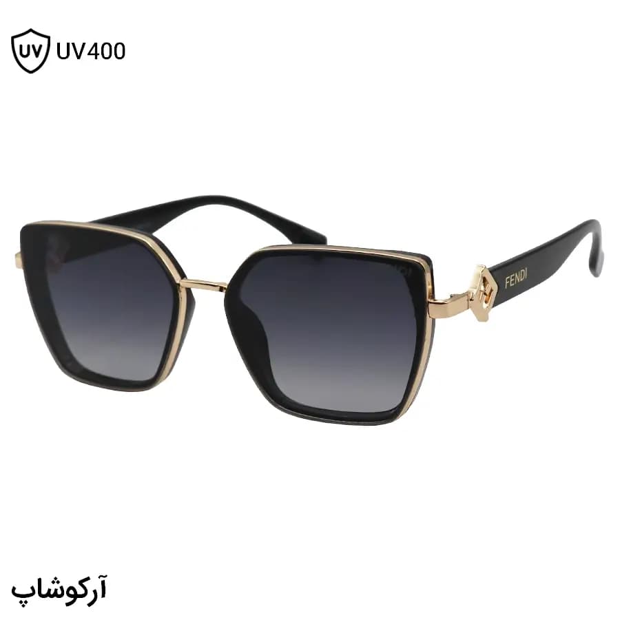 عینک آفتابی زنانه فندی با فریم رنگ مشکی و طلایی، شکل چشم گربه‌ای و لنز دودی هایلایت مدل C549