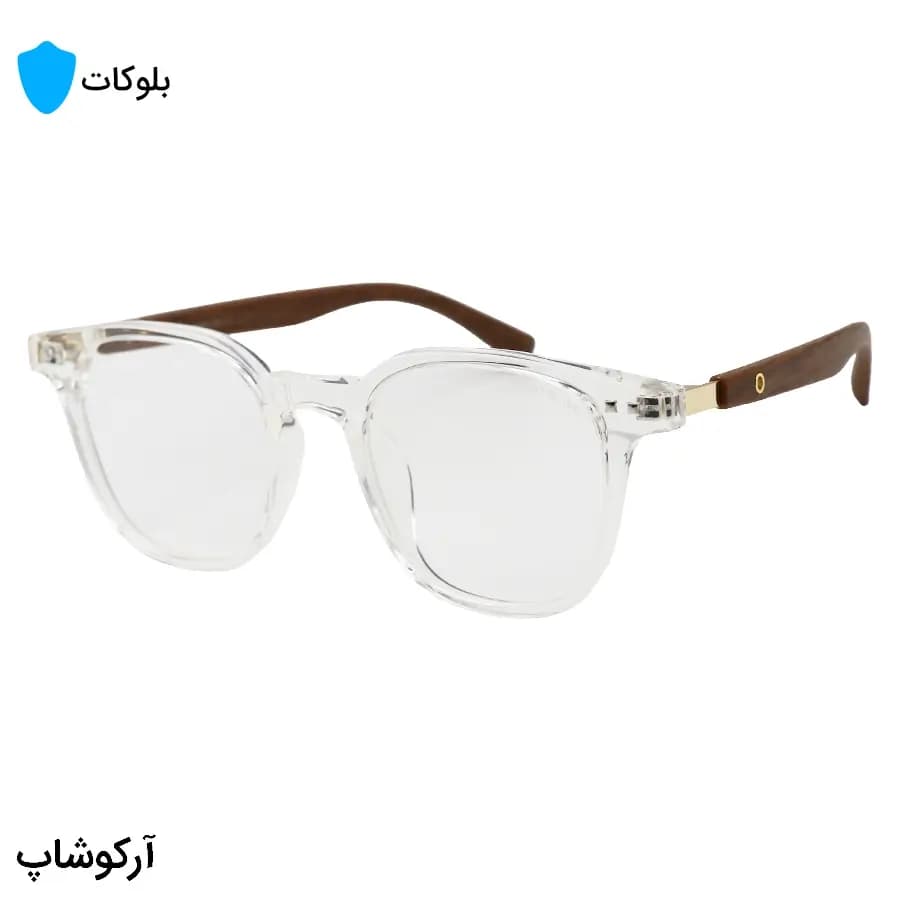 عینک مون بلان با فریم مربعی، رنگ شفاف و براق، دسته جنس چوبی و قهوه‌ای و لنز بی‌رنگ و بلوکات مدل 503