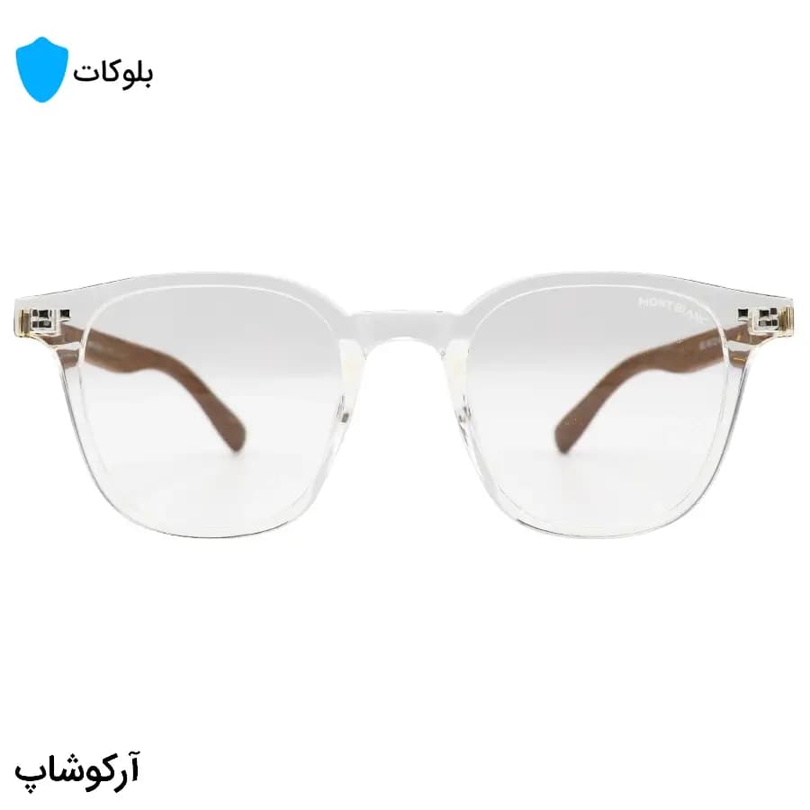 عینک مون بلان با فریم مربعی، رنگ شفاف و براق، دسته جنس چوبی و قهوه‌ای و لنز بی‌رنگ و بلوکات مدل 503 — تصویر ۲