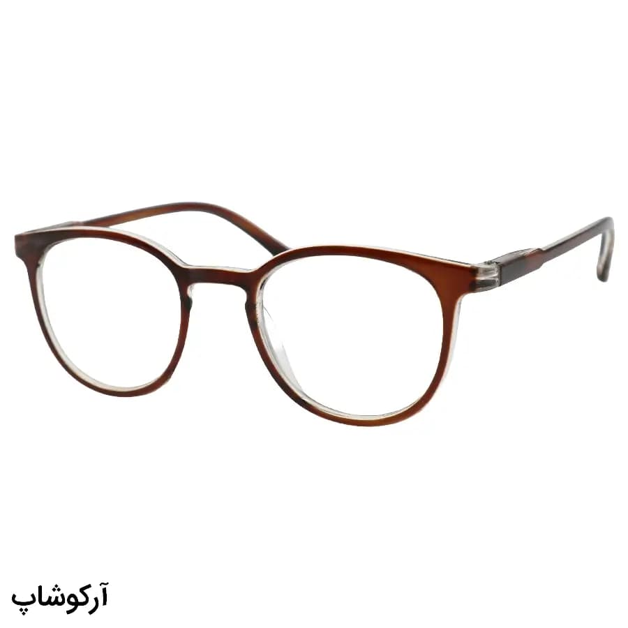 عینک مطالعه نزدیک بین نمره +2.00 با فریم شکل گرد، رنگ قهوهای براق و دسته فنردار مدل 5231