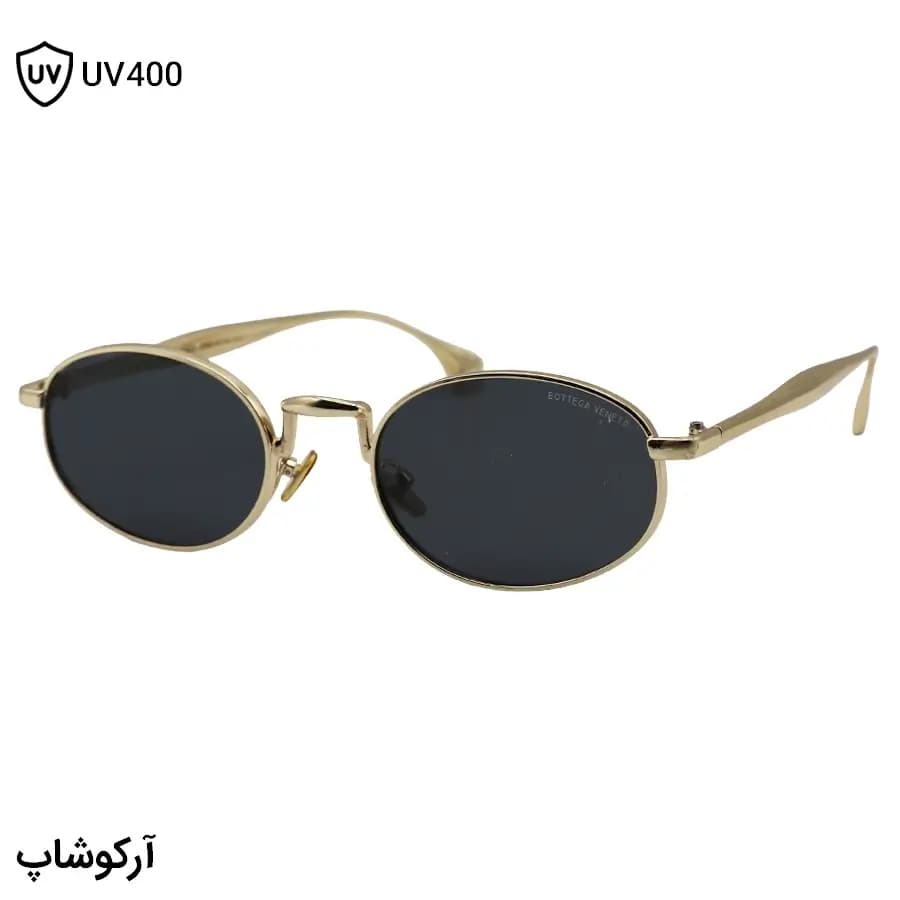 عینک آفتابی Bottega Veneta با فریم بیضی شکل، رنگ طلایی براق و لنز دودی تیره مدل 98150