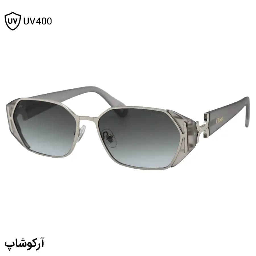 عینک آفتابی کلویی با فریم رنگ طوسی و نقره‌ای، شکل مستطیلی و لنز سبز سایه روشن مدل T09105
