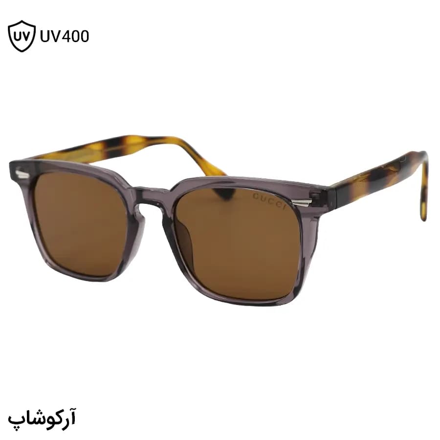 عینک آفتابی گوچی فریم مربعی شکل، رنگ بنفش براق، دسته سیم‌دار و هاوانا و لنز قهوه‌ای تیره مدل 6204