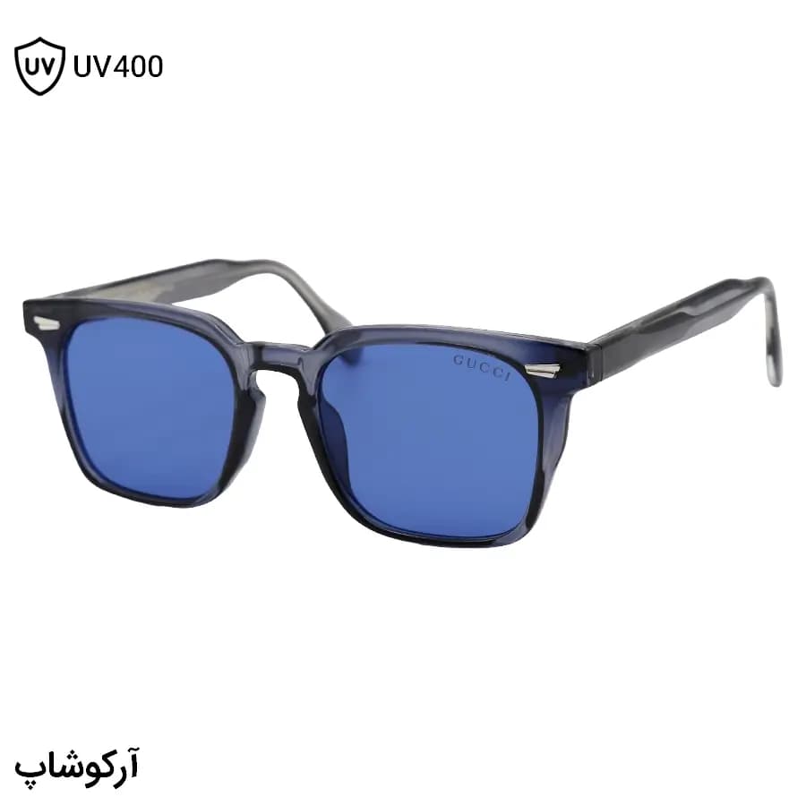 عینک آفتابی GUCCI فریم مربعی شکل، رنگ طوسی براق، دسته سیمدار و لنز آبی تیره مدل 6204