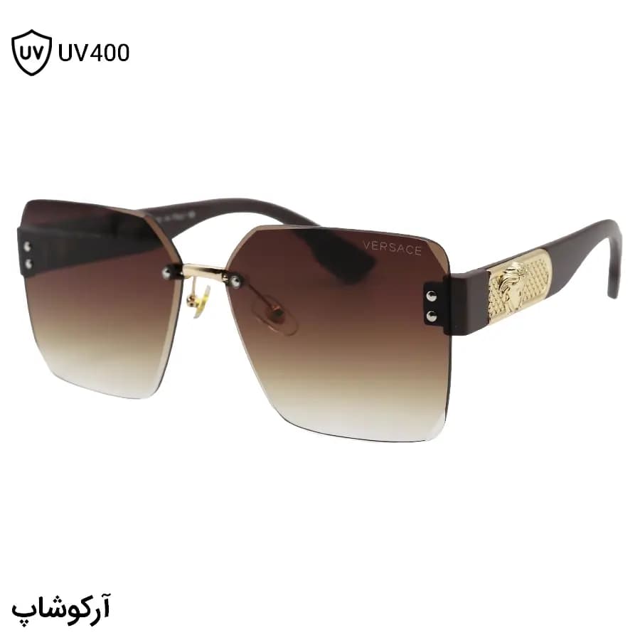 عینک آفتابی زنانه Versace با طراحی فریم‌لس، شکل مربعی، قهوه‌ای مات و لنز قهوه‌ای هایلایت مدل CF28762
