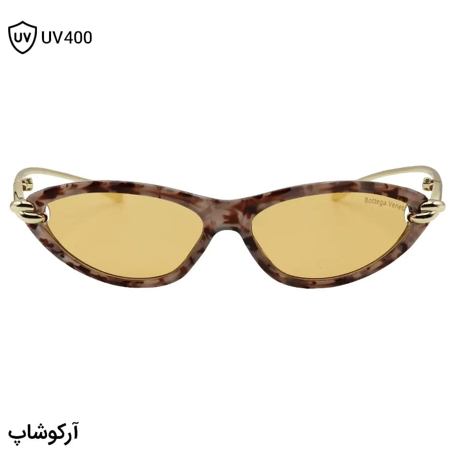 عینک شب زنانه Bottega Veneta با فریم چشم گربهای، رنگ قهوهای براق، دسته طلایی و لنز زرد رنگ مدل 9697 — تصویر ۳