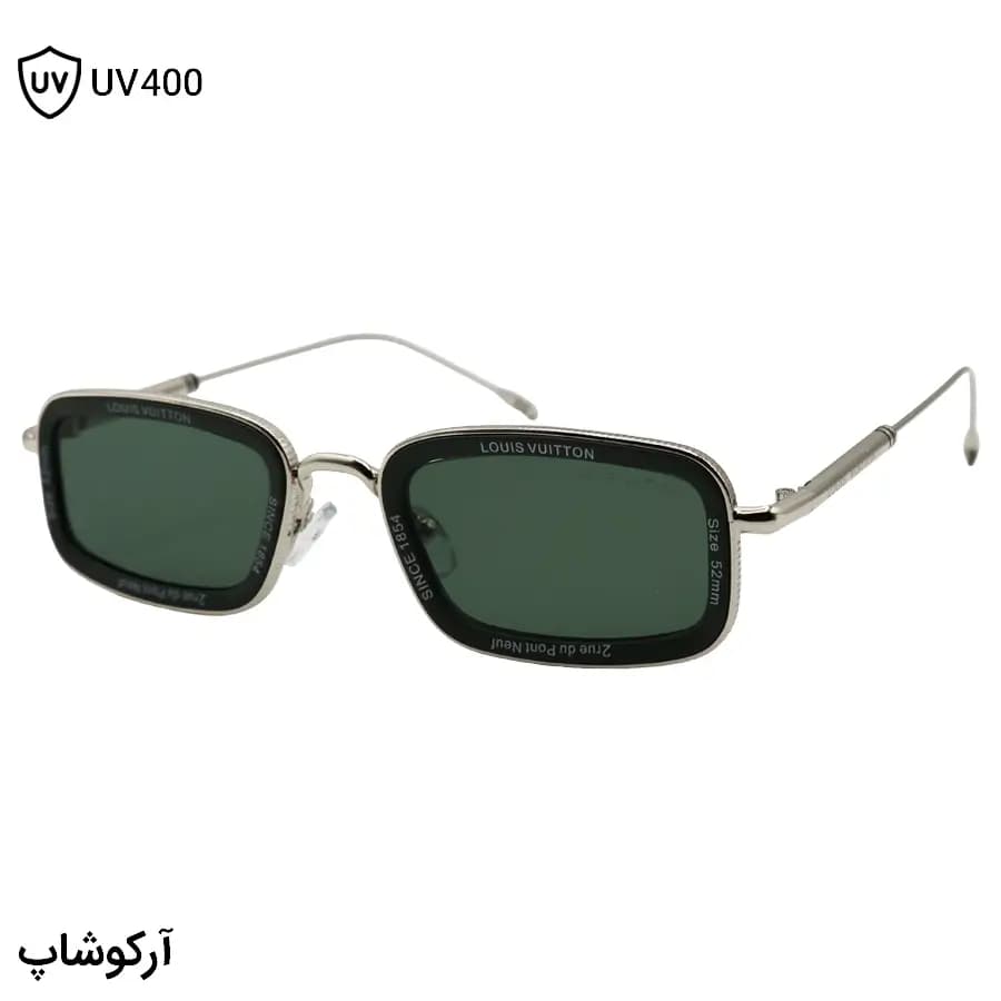 عینک آفتابی لویی ویتون با فریم مستطیلی شکل، رنگ سبز و نقرهای براق و عدسی سبز تیره مدل 7324