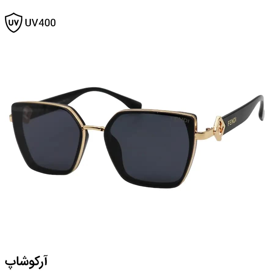 عینک آفتابی زنانه FENDI با فریم رنگ مشکی و طلایی، شکل چشم گربه‌ای و عدسی دودی تیره مدل C549