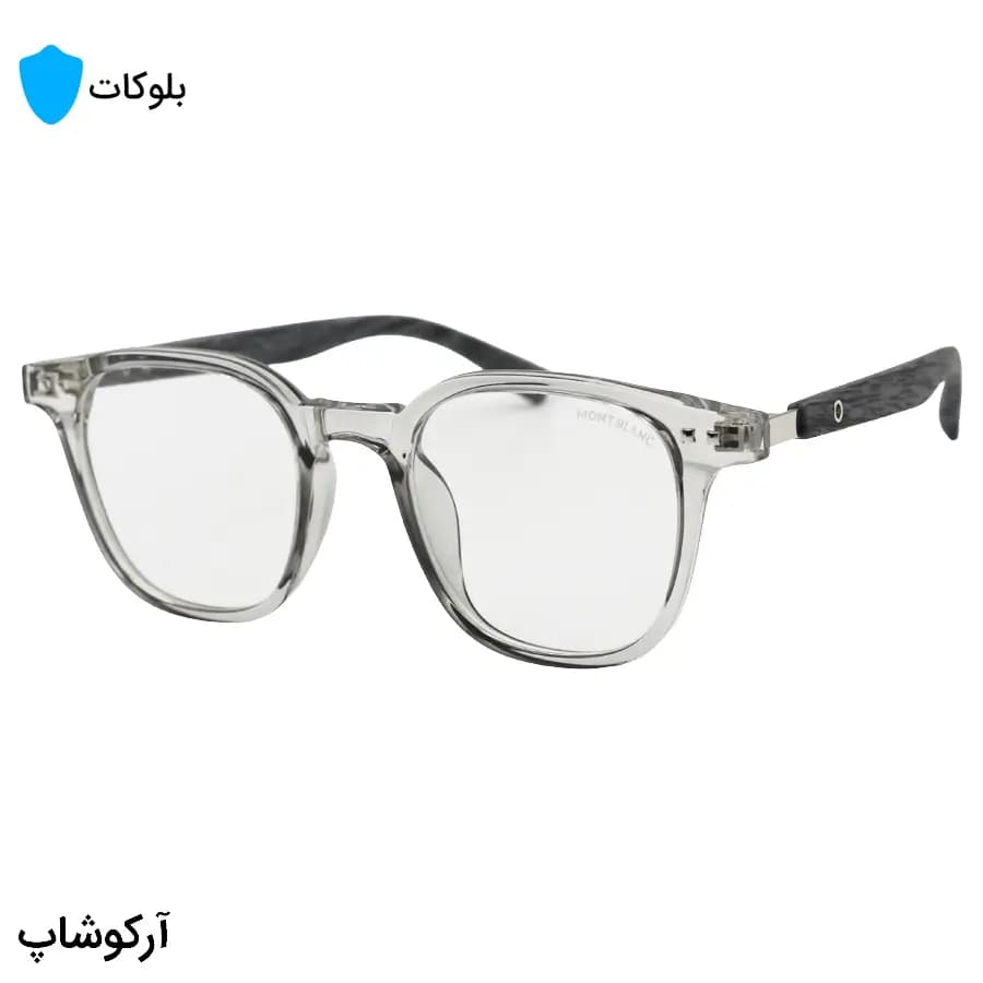 عینک Mont Blanc با فریم مربعی، رنگ طوسی براق، دسته جنس چوبی و طوسی و لنز بی‌رنگ و بلوکات مدل 503