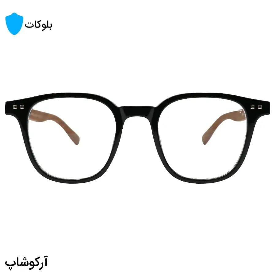 عینک Mont Blanc با فریم مربعی، رنگ مشکی براق، دسته جنس چوبی و قهوه‌ای و لنز بی‌رنگ و بلوکات مدل 503 — تصویر ۲