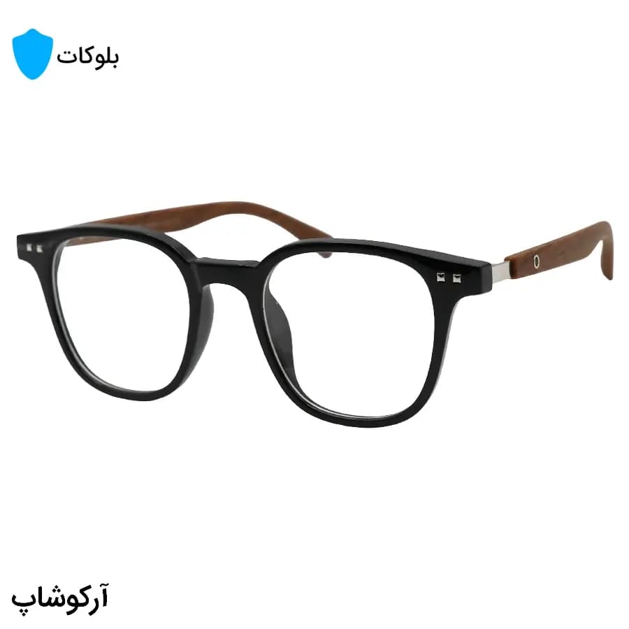 عینک Mont Blanc با فریم مربعی، رنگ مشکی براق، دسته جنس چوبی و قهوه‌ای و لنز بی‌رنگ و بلوکات مدل 503