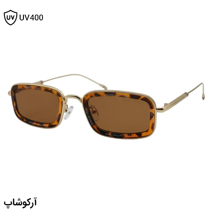 عینک آفتابی LOUIS VUITTON با فریم مستطیلی شکل، رنگ طلایی و هاوانا براق و لنز قهوه‌ای تیره مدل 7324