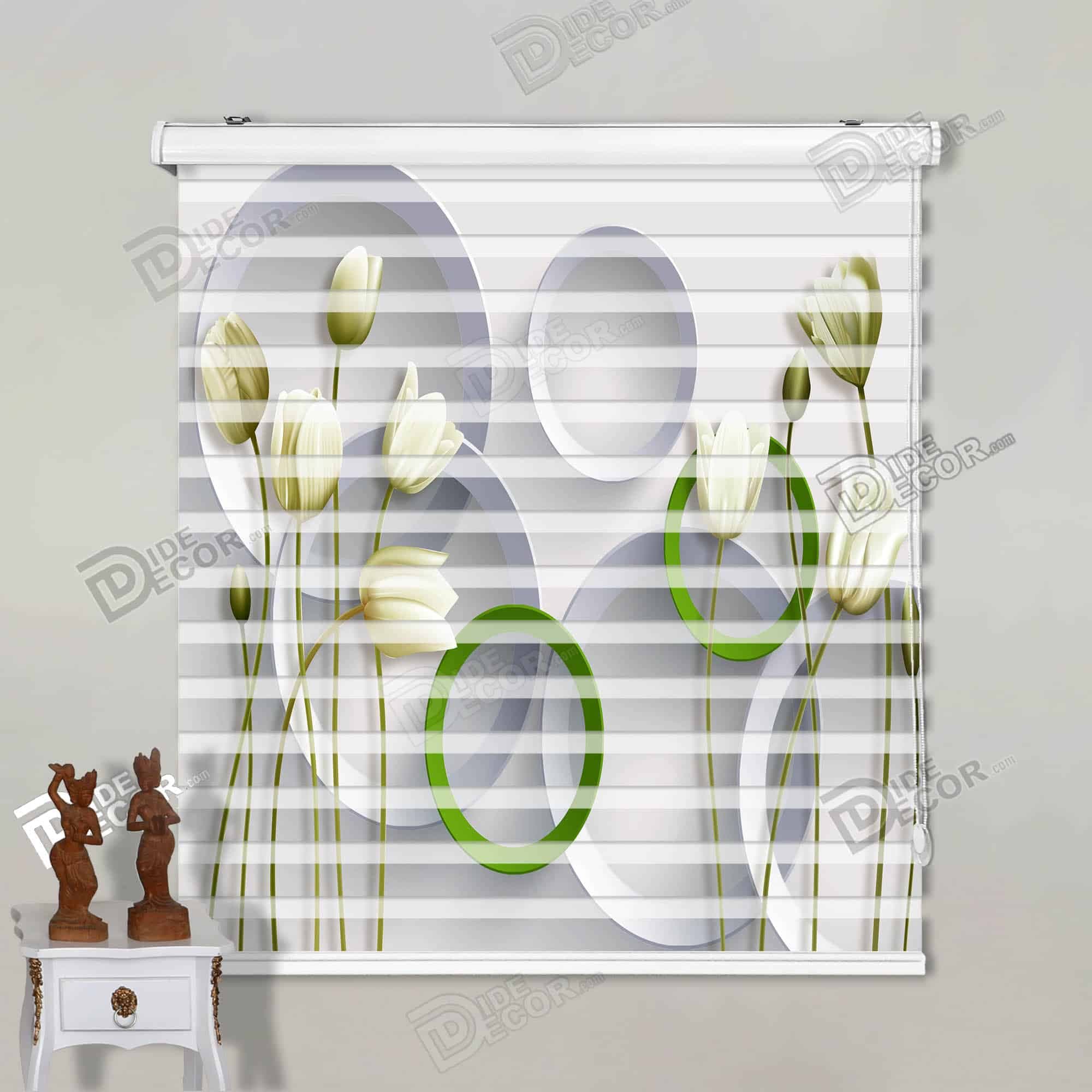 پرده زبرا تصویری لاله سفید حلقه سبز کد 3df-038