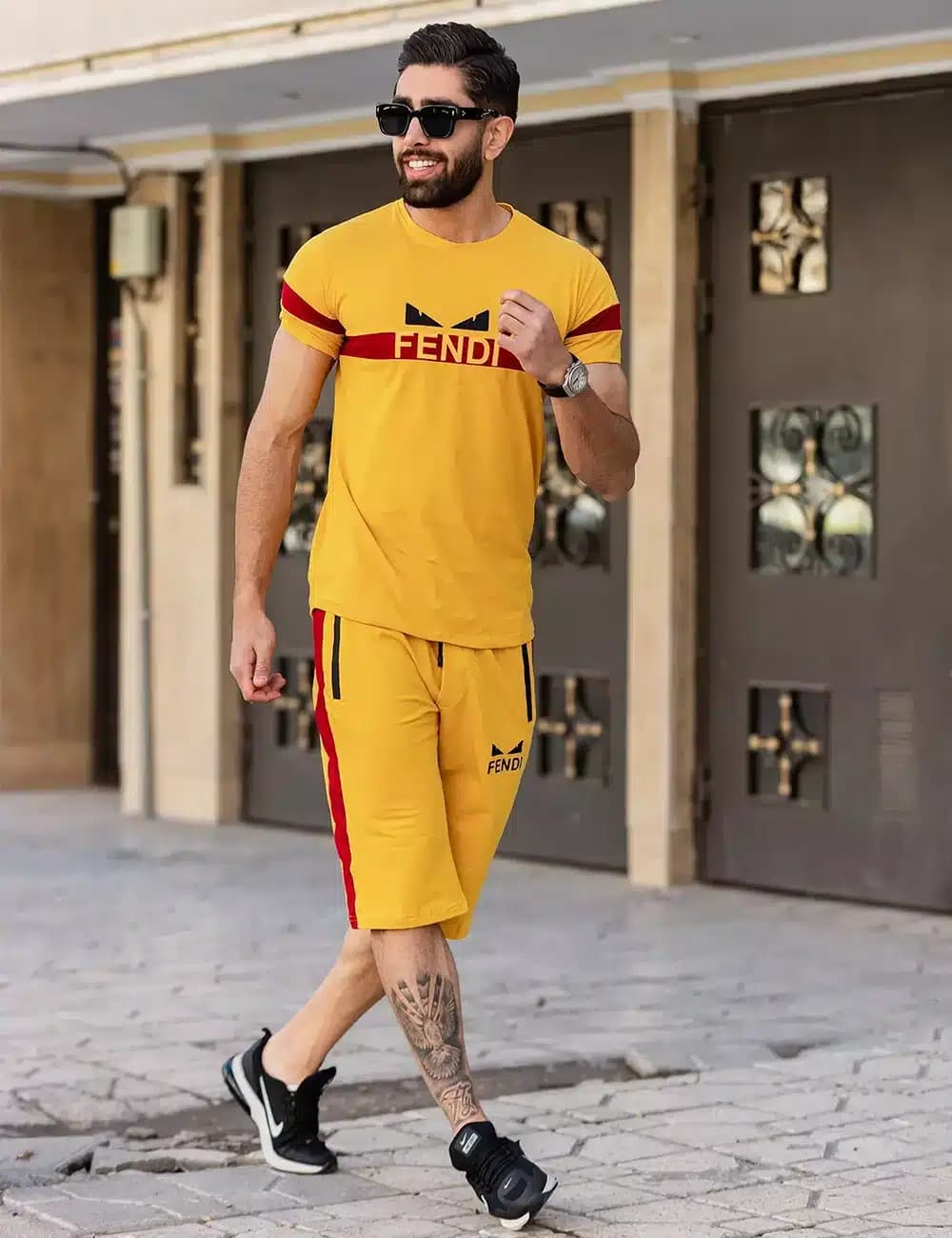 ست تیشرت و شلوارک مردانه Fendi خردلی 36947 — تصویر ۶