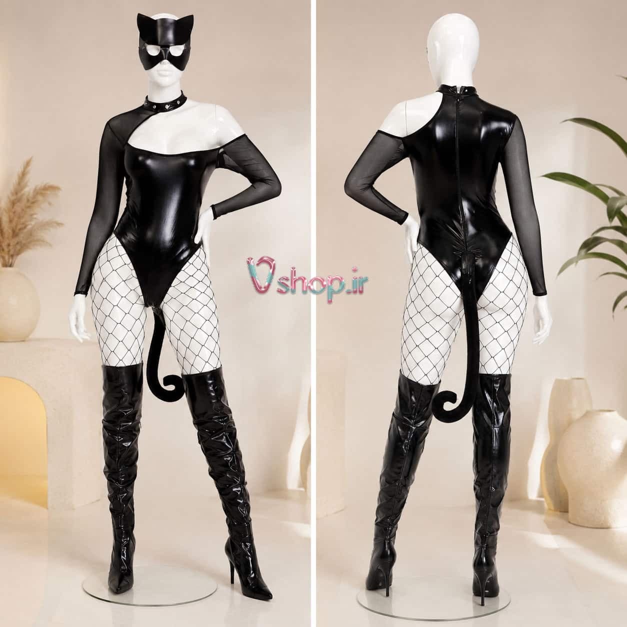 کاستوم گربه فانتزی چرم اتکس + نقاب + دم فانتزی