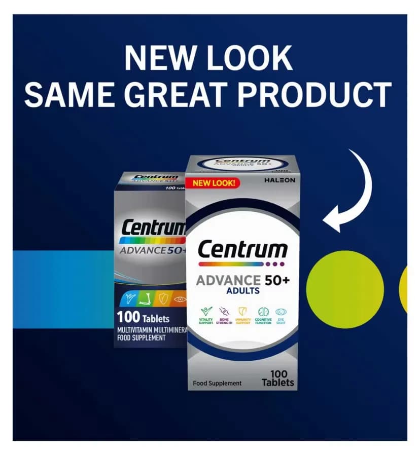سنتروم ادونس +۵۰ قوطی ۱۰۰ عددی centrum Advance 50+ بزرگسالان ظاهر جدید Haleon — تصویر ۴